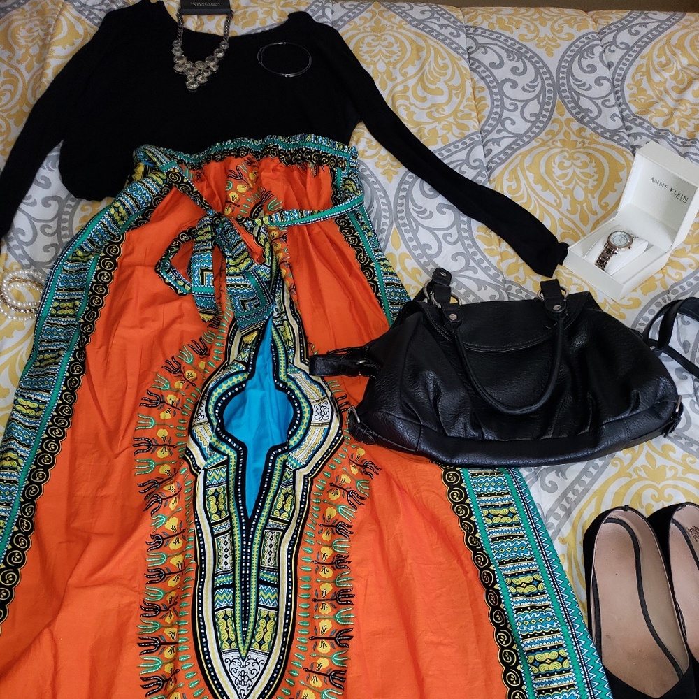 Orange Blue Tribal Floor Length Skirt